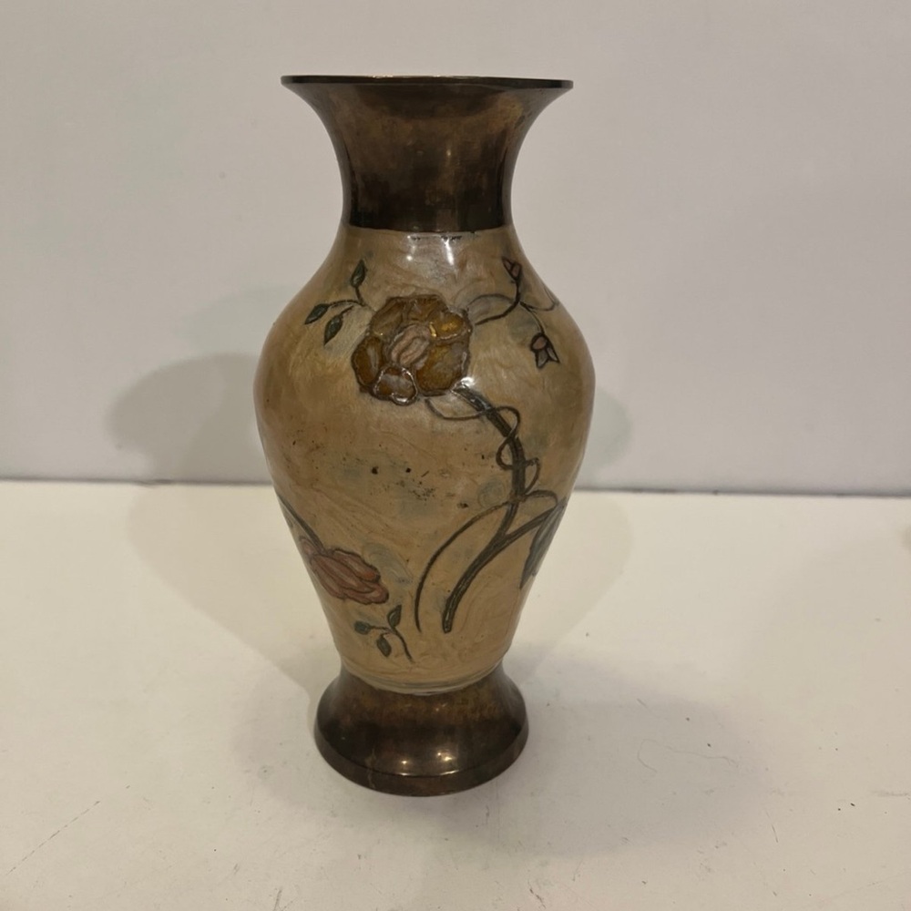 Vintage Solid Brass Floral Hand Covered/Painted Enamel Vase India 8"Tall